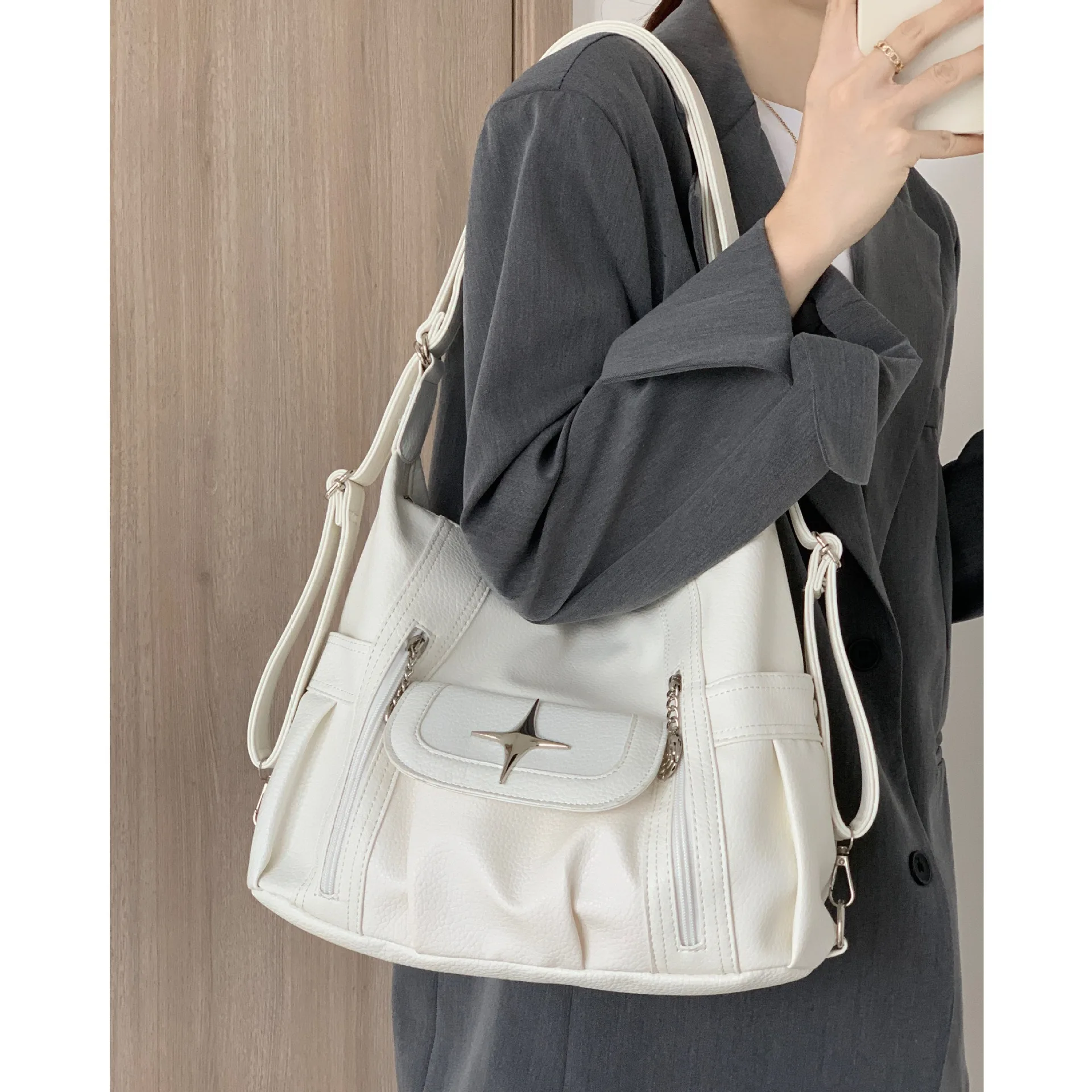 Bolso de hombro de cuero Pu suave para mujer, bolso de mano, correa de hombro ajustable, gran capacidad, compras, trabajo, blanco