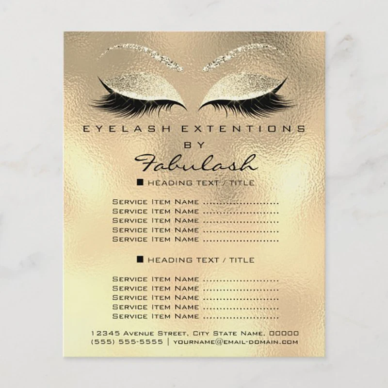 DsgnTouch Price List Lashes Extension Makeup Rack Card Gold Glitter Hair Stylist Salon Price List Artist Lashes Glitter Flyer