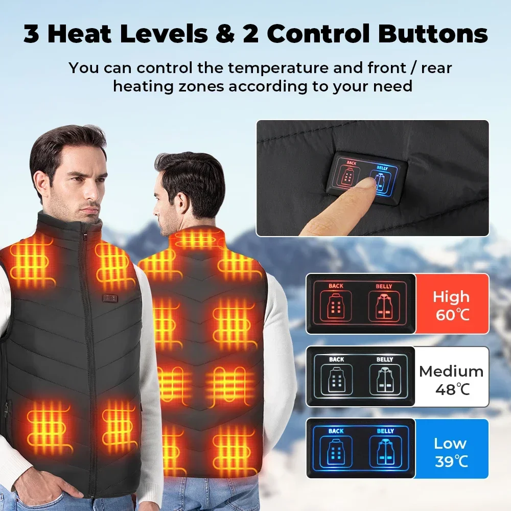 New USB Electric Heated Vest Winter Smart Heating Jackets Men Women Thermal Heat Clothing Plus Size Hunting Coat Keep Warm Black