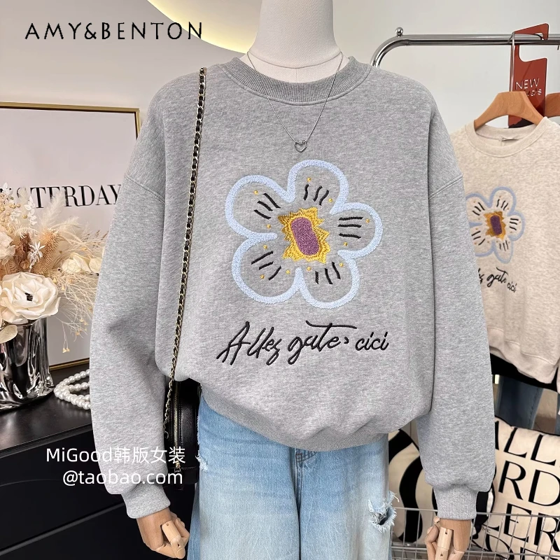 

Korean Style Blue Embroidered Flower Loose Thickened Fleece Sweatshirt For Women's 2025 New Fashion Short Sweet Kawaii Hoodies