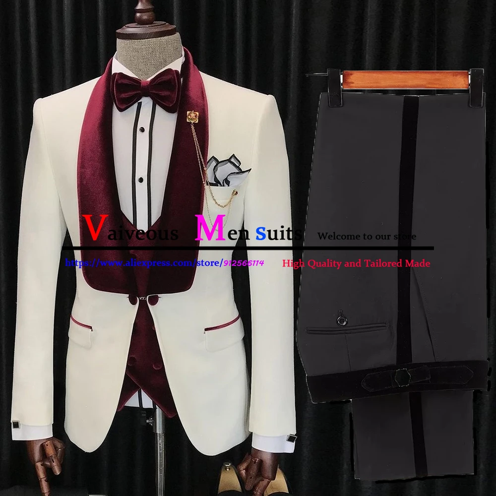 Customized Sets Slim Fit Men Suits Burgundy Velvet Shawl Lapel Groom Wedding Tuxedos 3 Pieces Terno Masculino Groomsmen Suit