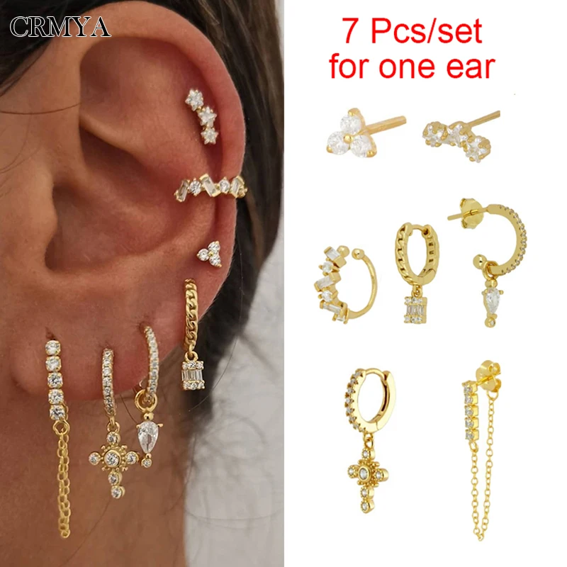 CRMYA Gold Plated Earrings Set for Women Boho Style CZ Zircon Clip Drop Chain Stud Ear Ring 2022 Female Jewelry Wholesale