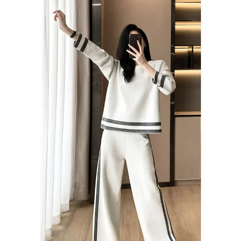 Women\'s Casual Pants Suit Sportswear Fashion Round Neck Long-sleeved Pullover Sweatshirt Loose Wide-leg Trousers 2pcs Track Suit