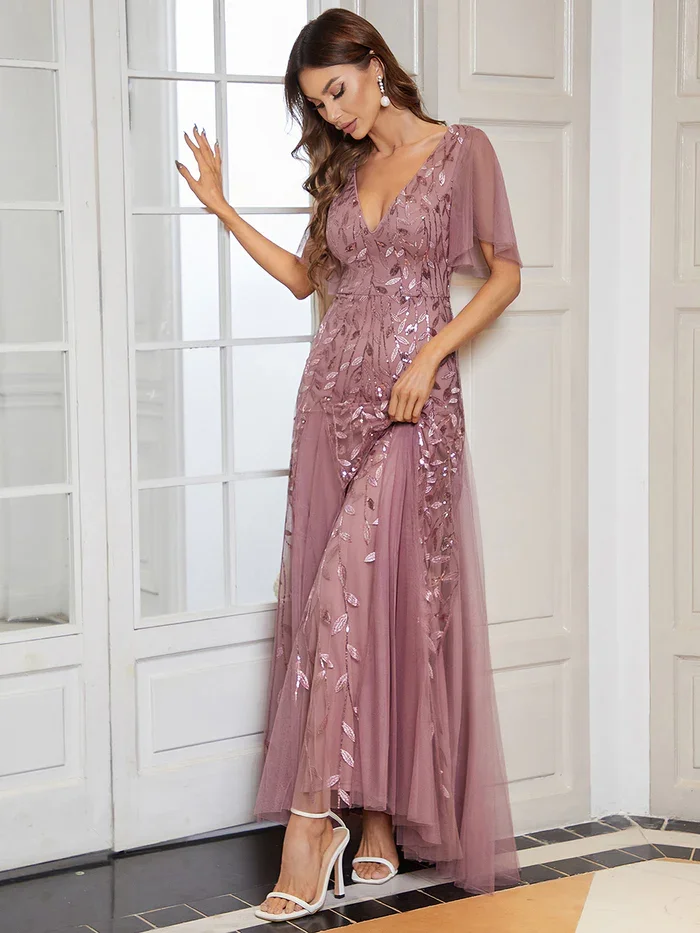 Plus Size Evening Dresses Long A-LINE Deep V-Neck Half Sleeves Floor-Length Gown 2024 Ever Pretty of GauzeDark Green Women Dress