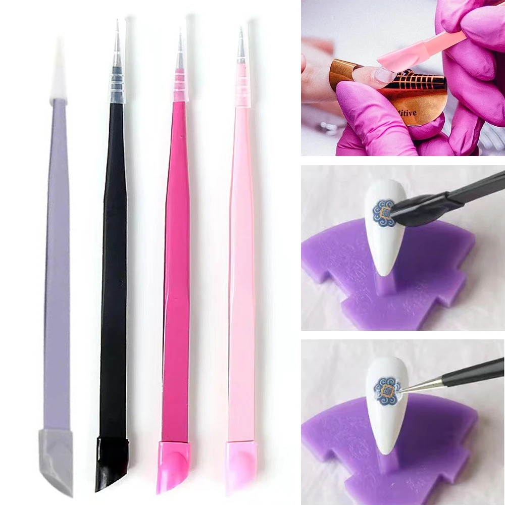 

1pc Straight Nail Tweezers with Silicone Pressing Head 3D Sticker Rhinestones Sticker Picker Metal Stainless Steel Nails Tools