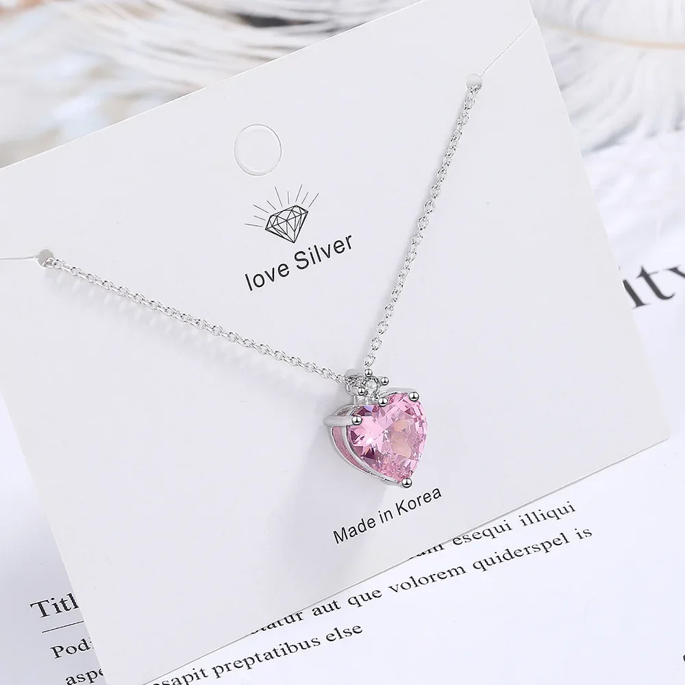 

S925 Sterling Silver Simple And Fashionable Diamond Heart-Shaped Pink Pendant Clavicle Chain Necklace (40cm +5.0cm)