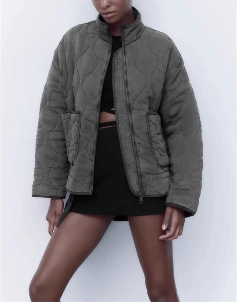 LIBIELIY Cappotto casual imbottito in cotone con tasche grandi e colletto alla coreana trapuntato vintage di nuova moda da donna