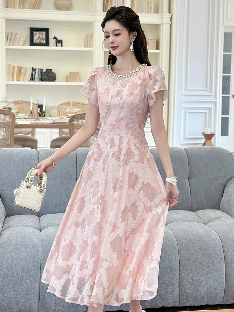 Nuove donne estive abiti rosa perla girocollo volant manica corta maxi abito abito dolce ed elegante abito da sera da ballo per feste da donna