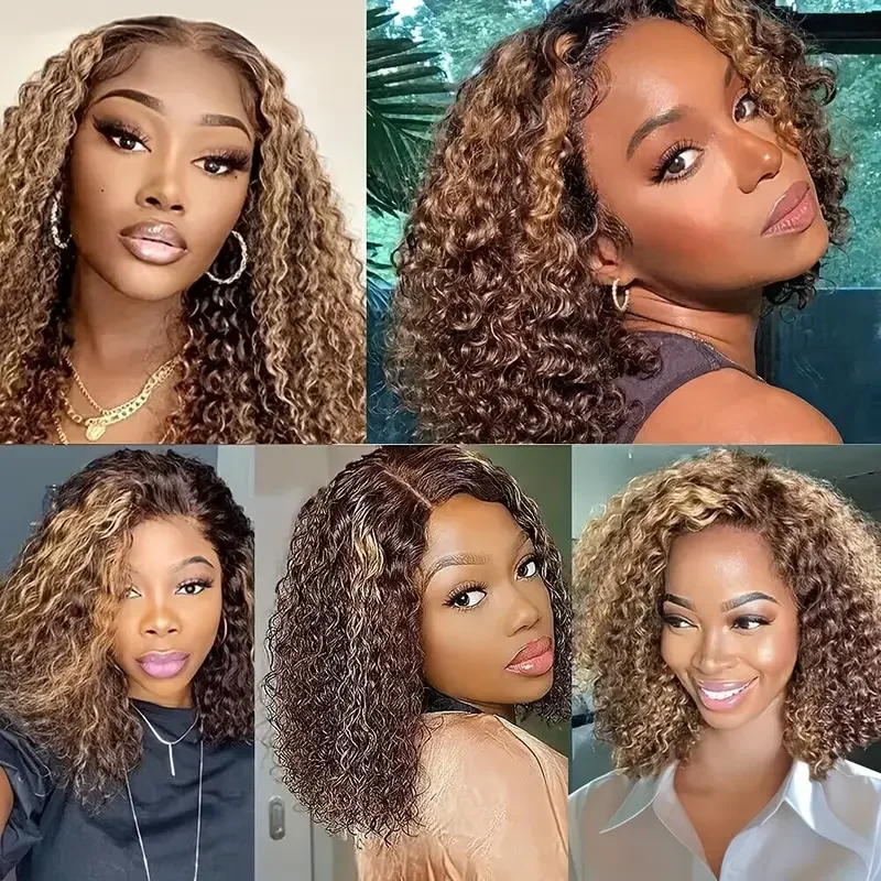 4/27 Highlight Bob Wigs Human Hair Water Wave 13x4 Full Lace Frontal Human Hair Wig Remy Blonde Brown Piano Color Short Bob Wigs