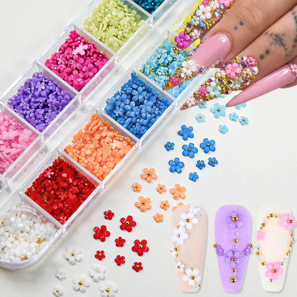 

12Grids 3D Acrylic Flowers Nail Charms(with Steel Beads) Colorful Five-petal Flower Nail Art Decorations DIY Manicure Supplies &