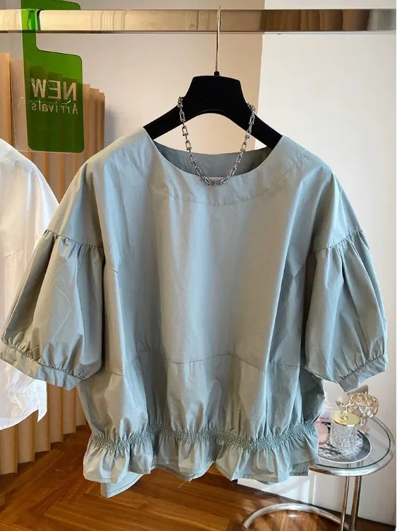 High-End Women's Summer 2025 Loose round Ne irt ort Sve Bubble Sve Doll Top Faionable Versatile Casual Regular Fit