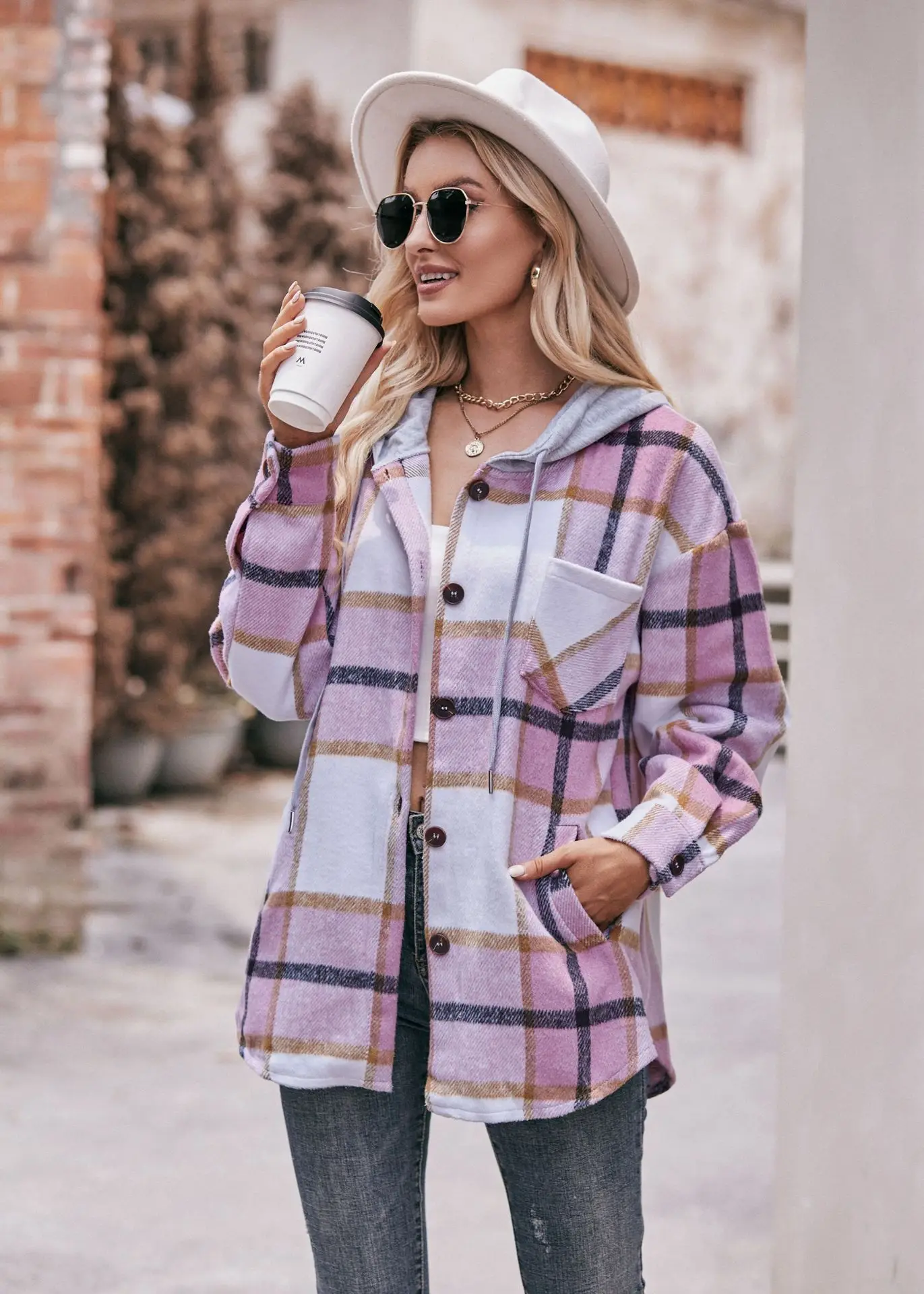 Women's New Autumn and Winter Collection Women's Hooded Jacket Casual Mid to Long Checkered Shirt