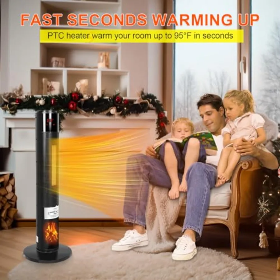 Tower Ceramic and Flame Heater with 3D Flame and Oscillation Function, 3 Modes, Safety Alert Switch, Remote and Touch Control,