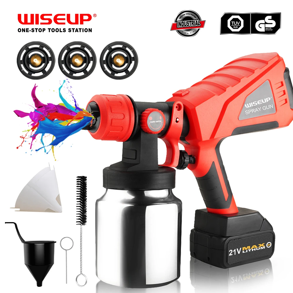 WISEUP 1000ML Electric Spray Gun Cordless High-power Automobile Steel Coating Air Brush With Compatible for 21V 1500mAh Battery