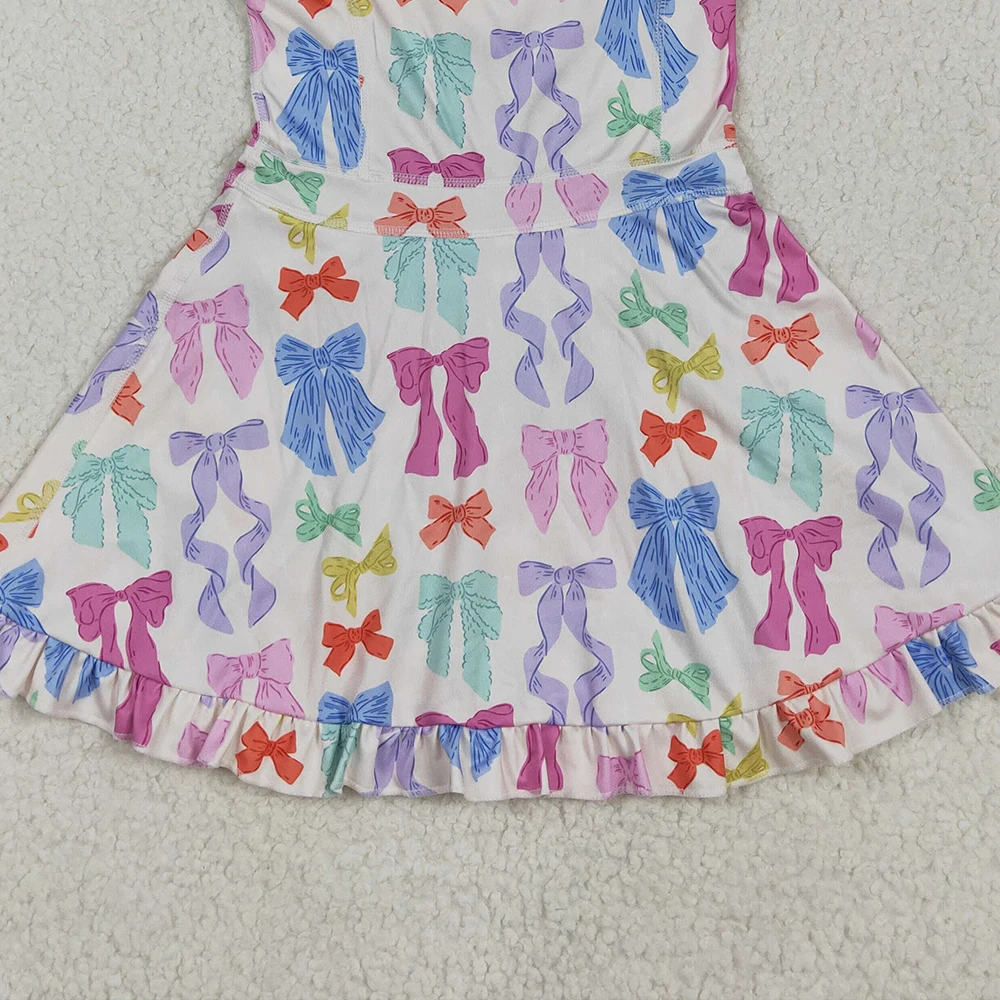 Baby Girls Yoga Ruffle Knee Length Dress with Colorful Bows Straps Kids Athletic Dress for Girls