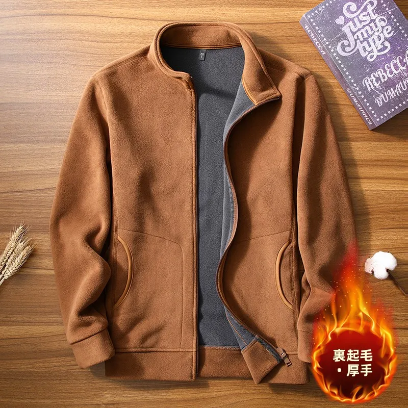 メンズフリース裏地付き厚手防寒防汚耐摩耗性アウトドアカジュアルフーディーおしゃれなウィンドブレーカースタイルジッパー開閉