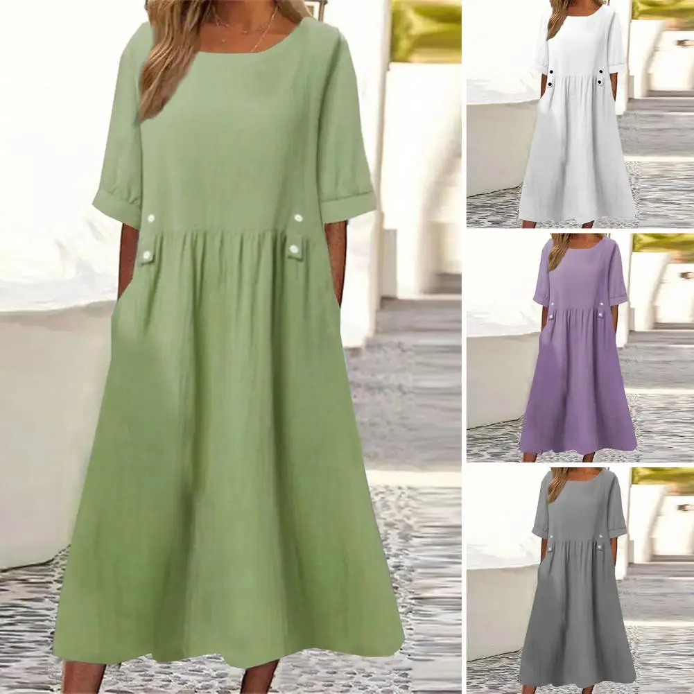 

Loose Fit Summer Dress Elegant A-line Midi Dress with Pockets Button Decor for Women O Neck Short Sleeves Solid Color Pleated