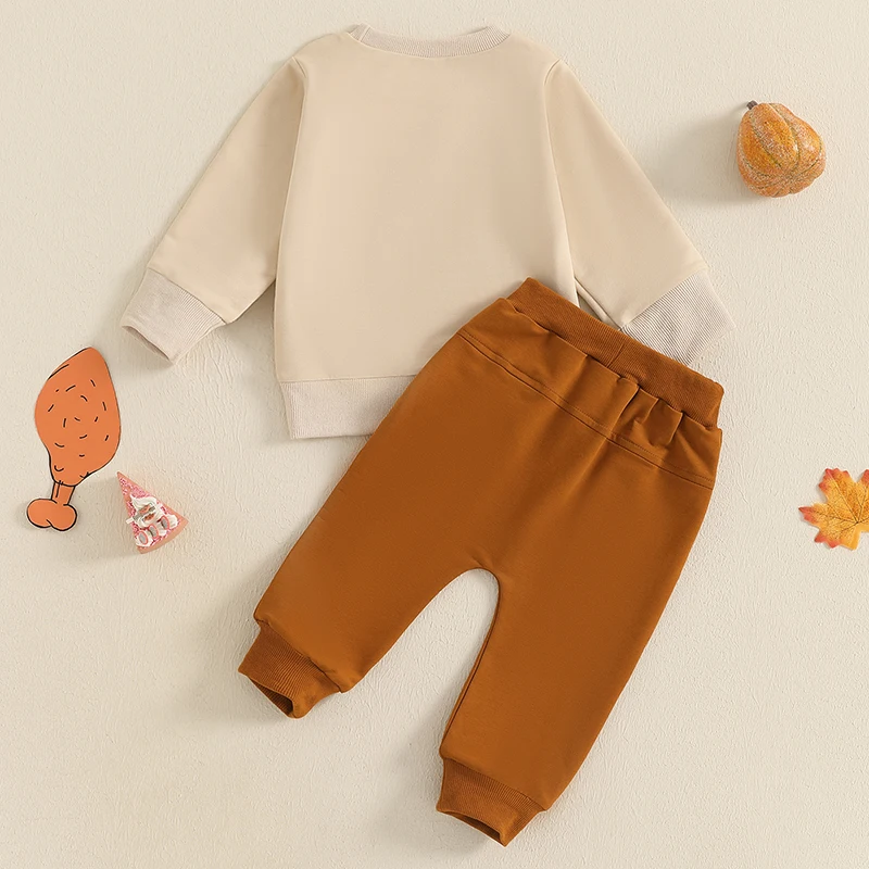 Baby Boy Thanksgiving Outfit Letter Pie Print Long Sleeve Sweatshirt Elastic Waist Pants with Pockets 2 Piece Set