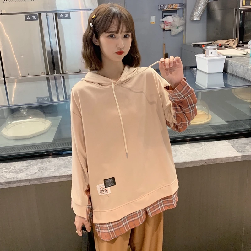 2023 Spring and Autumn New College Style Color-blocking Hoodie Women's long-sleeved fake two-piece loose top