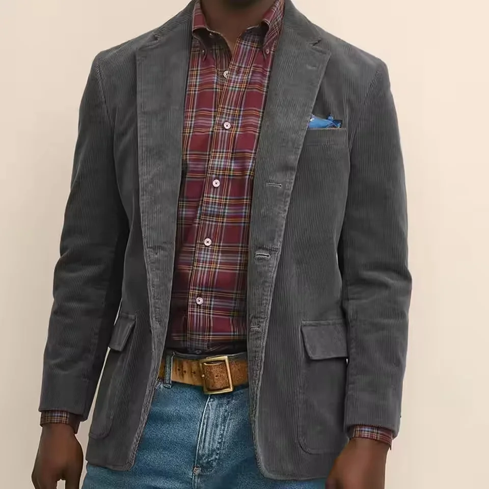 Men's Corduroy Blazer Jacket Single Breasted Notched Lapel Coat Business Casual Suit Outerwear Coat For Banquet Wedding Party