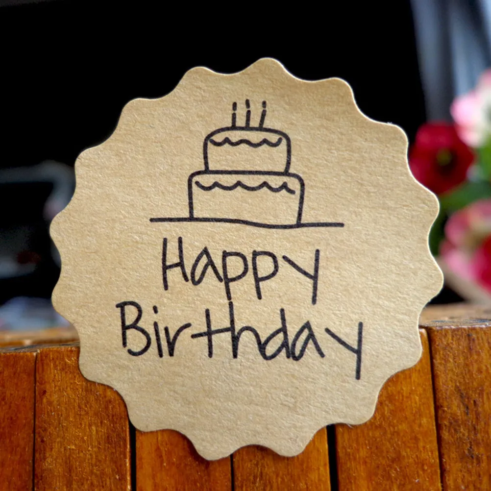 

120Pcs Happy Birthday Enclosure Cards Round Brown Kraft Paper Tags Blank Back Personalized Craft Labels for Jewelry Packaging