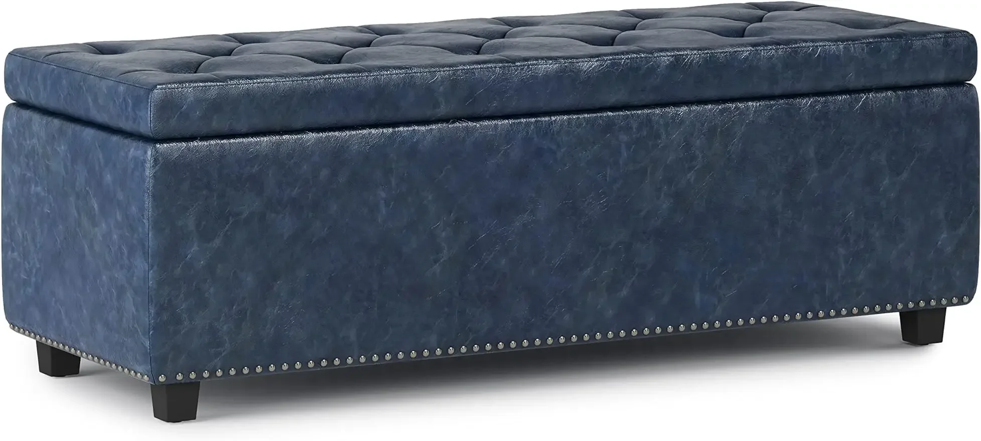 SIMPLIHOME-Wide Rectangle Lift Top Storage Ottoman, Upholstered Denim, Blue Tufted Faux Leather, Large, 48