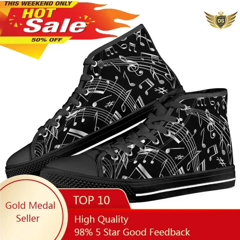

Black Music Notes Print High Top Canvas Shoes For Men Classic Male Vulcanized Shoes Teen Boys Couple Flat Sneakers