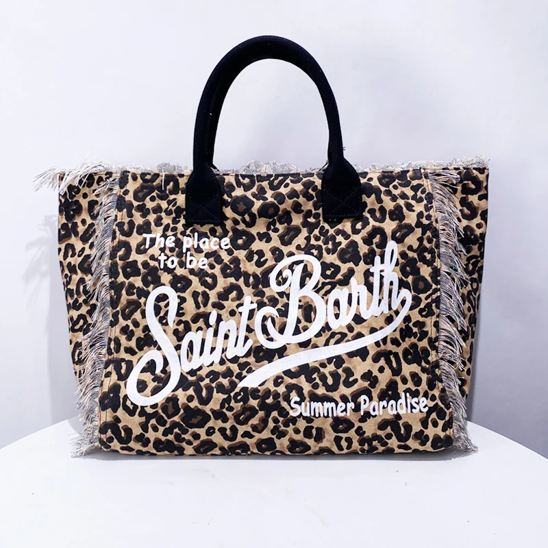 Leopard Print Canvas Bags For Women Luxury Designer Handbag Purse 2024 New In Casual Letter Tassel Large Capacity Tote Shoulder