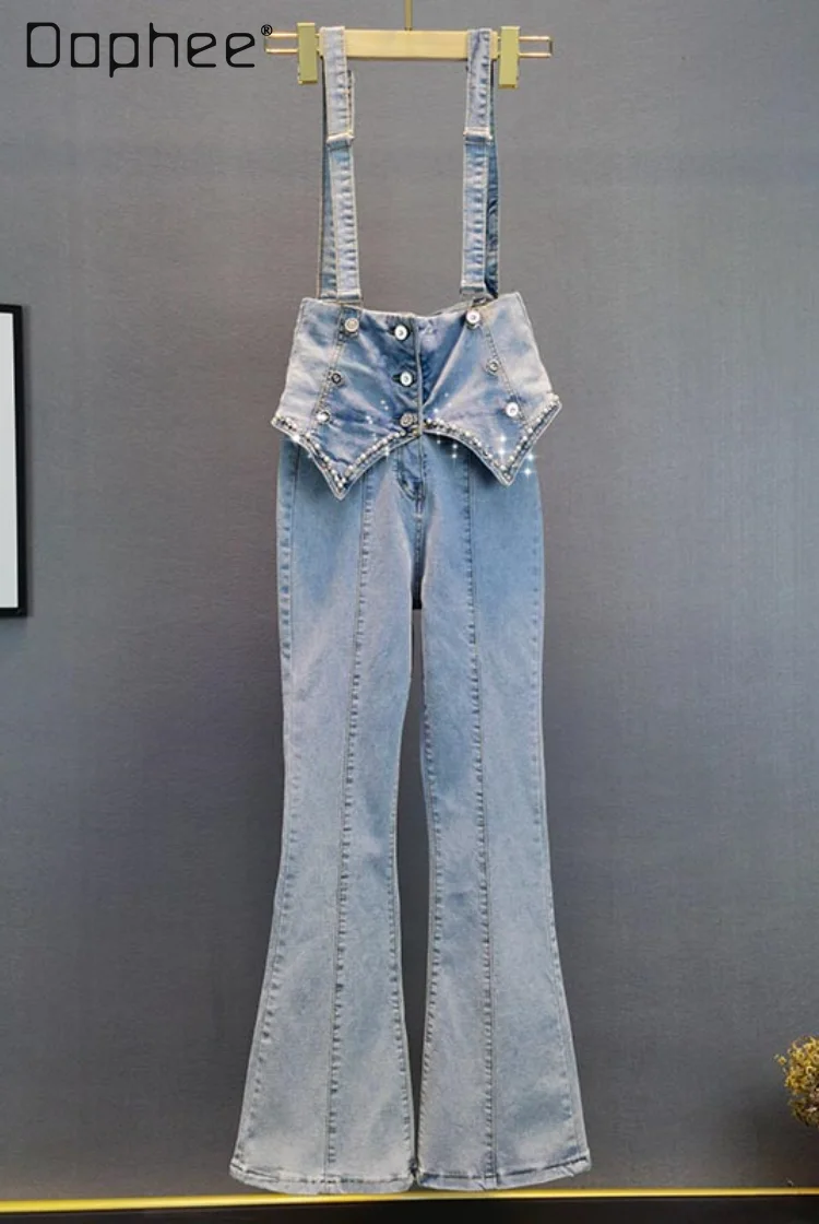 Denim Jumpsuit Women Beading Flared Pants Lapel Button High Waist Slim Casual Fashion Romper Streetwear Jean Trousers