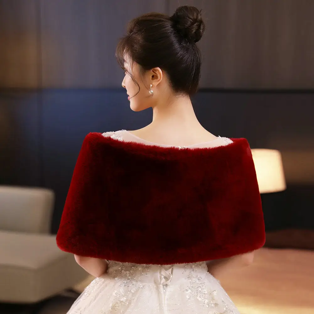 Customized New Bride Wedding Dress Wool Shawl Imitation Fur Burgundy Shawl Dress Cheongsam Shawl Simpel Coat Chaquetas Para Muje