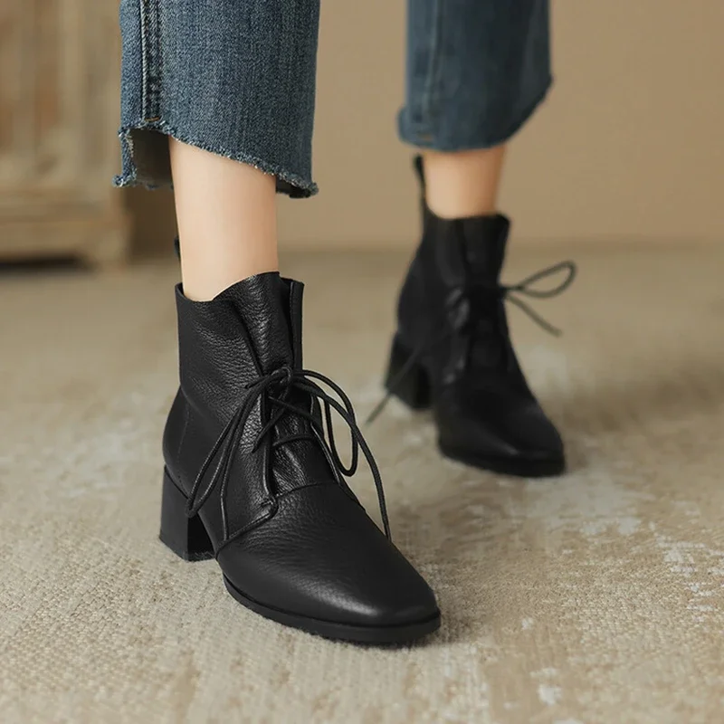 NEW Autumn Women Boots Square Toe Chunky Heel Boots Genuine Leather Shoes for Women Lace-up Ankle Boots Elegent Winter Boots