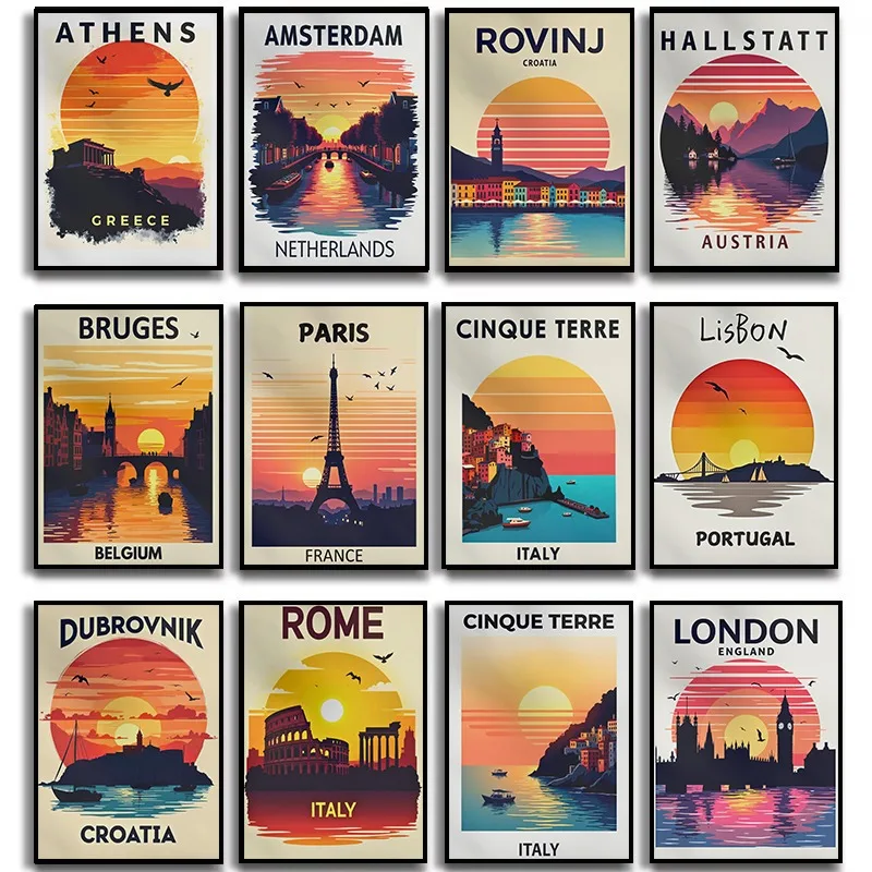 Affiche de la Série de Voyage Européenne Rétro, Toile Imprimée, Art de la Maison pour le Salon et la Chambre à Coucher, Décoration Murale, Peinture Sans Cadre