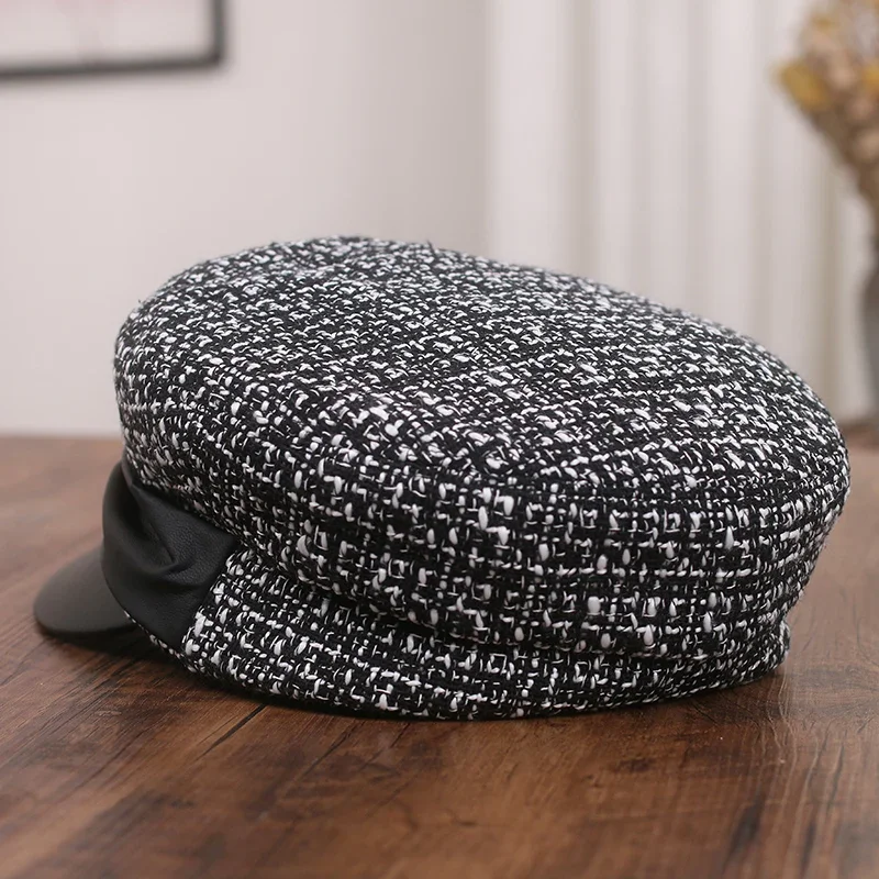 USPOP Brand Design New Women Fashion Tweed Newsboy Caps Autumn Winter Retro Woolen Patchwork Warm Caps with PU Bow