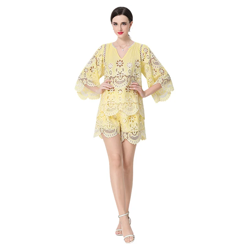 Elegant Hollow out Embroidered Summer Set for Women Fashionable High End Women's Clothing Small Fragrance Style  Lady