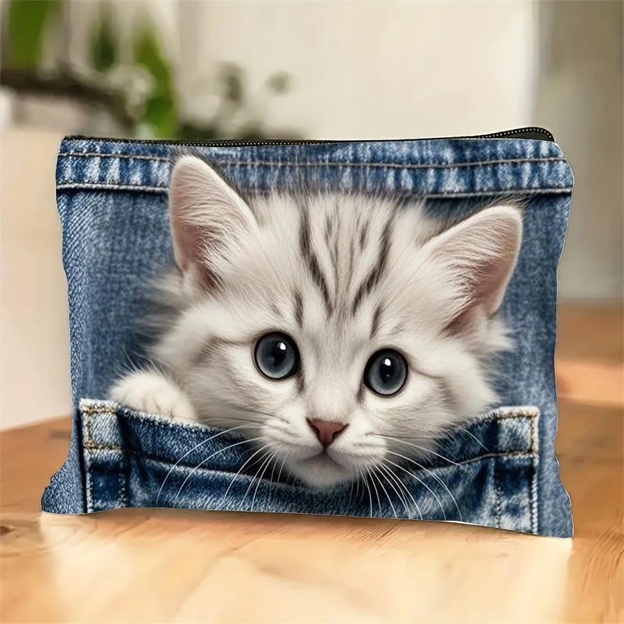 Schattig katje jeans zak make-up tas polyester toilettas casual clutch cosmetisch zakje met ritssluiting opbergorganisator
