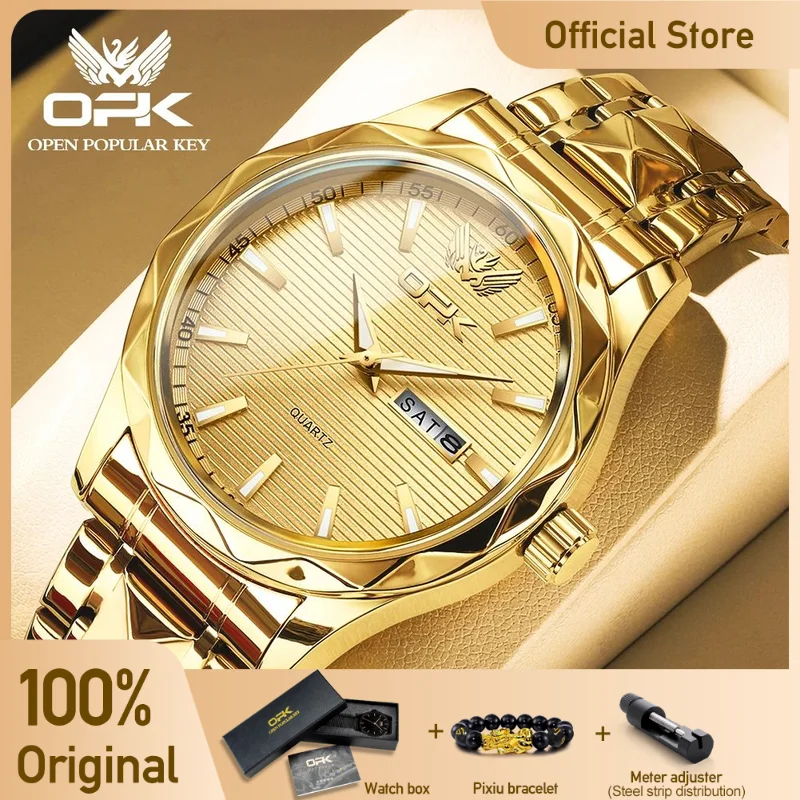 OPK Men\'s Watches Casual Fashion Original Quartz Wristwatch for Man Waterproof Luminous Date Week Rhombus Stainless Steel Strap