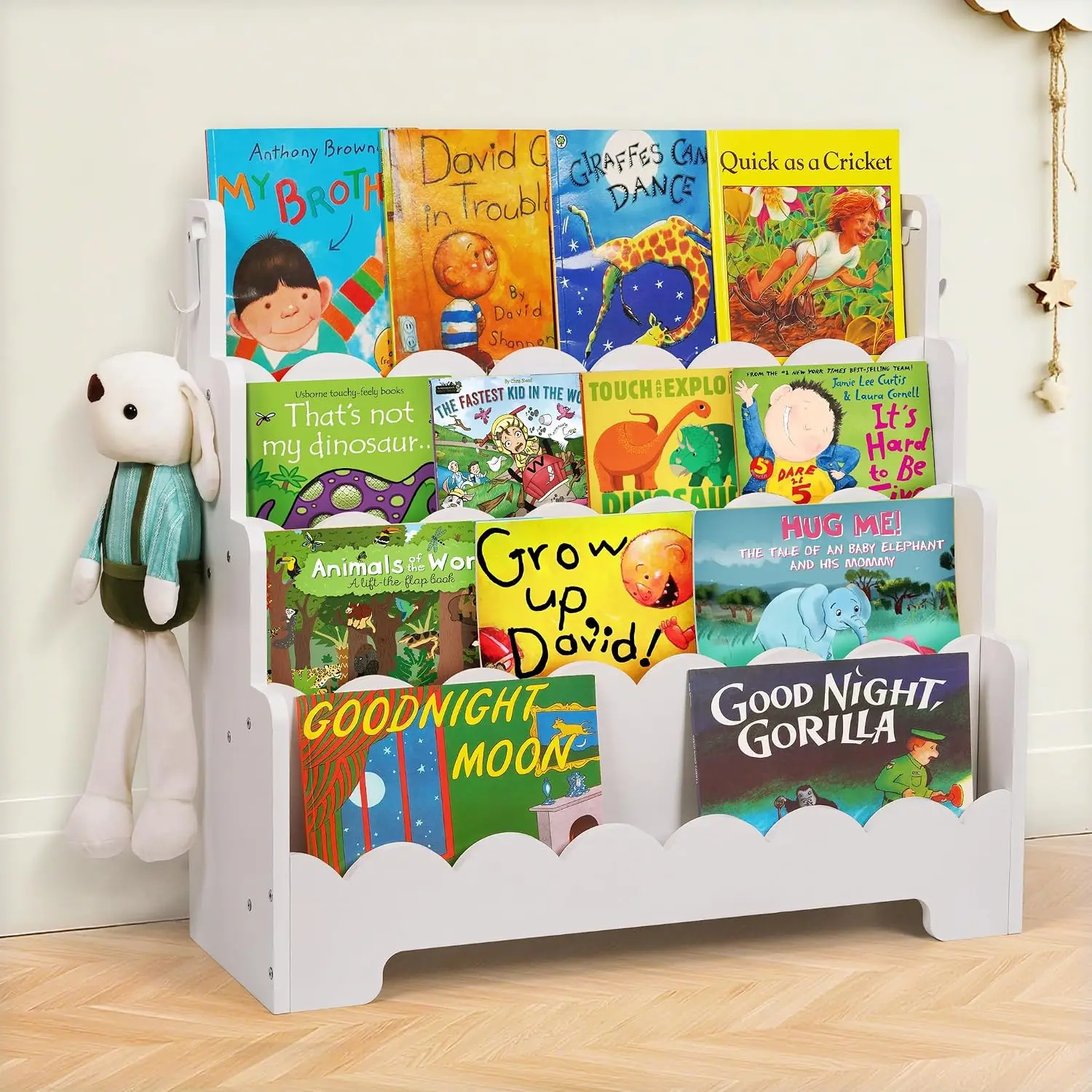 Wooden 3Tier Kids Bookshelf Scalloped Front Facing Montessori Toddler Nursery Playroom Baby Book Organizer Display Furniture