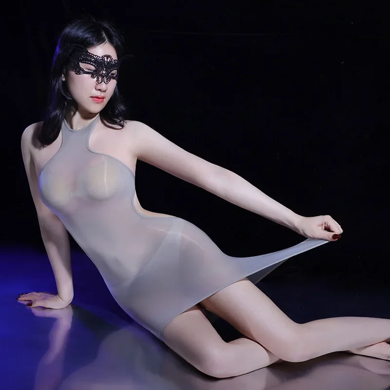 فستان بدون أكمام بدون ظهر للنساء المثيرات 5D رفيع للغاية شفاف من خلال تنورة قصيرة حزمة مرنة فستان الورك لامع حريري ناعم