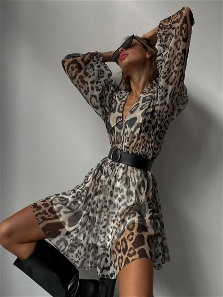 Mini vestido feminino com decote em v estampado, manga comprida em camadas, vestido casual de rua alta, vestido de chiffon verão, moda