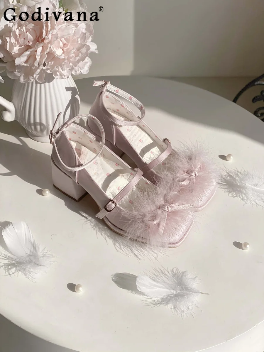

Japanese original Lolita elegant lady bow feather high heels daily sweet doll sense versatile fairy princess style shoes
