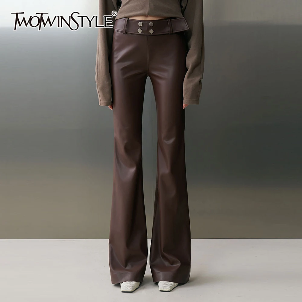 TWOTWINSTYLE Solid Spliced Sashes Chic Leather Trousers Female High Waist Slimming Streetwear Women's Pants Autumn New Fashion