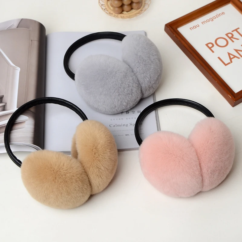 Rex Rabbit Fur Earmuffs for Women's Autumn and Winter Warmth Earmuffs and Ear Wraps Simple and Genuine Fur Ear Cover Ear Warmth