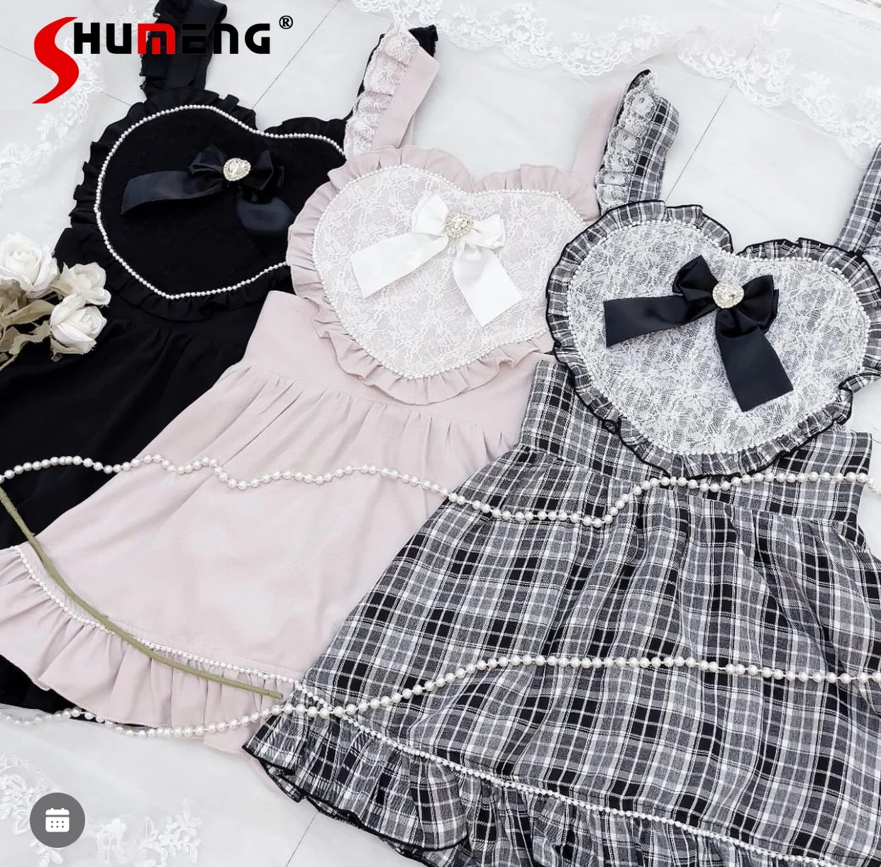 Sweet Cute Girl Peach Heart Bow Dress for Women 2024 Spring New Japanese Style Kawaii Sleeveless Short Dresses Vestido Feminino