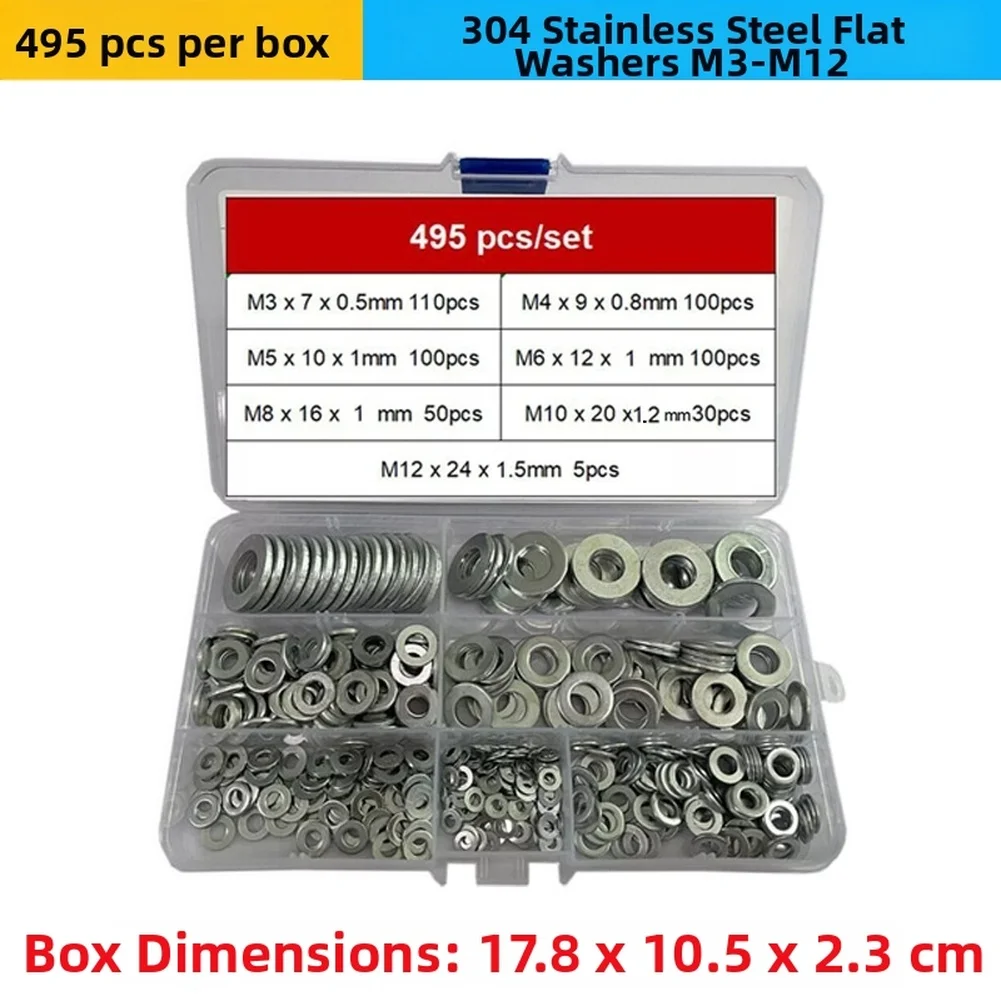 Hardware Flat Washers Assortment 495PCS FOR M3 - FOR M12 Sizes Stored In Case For Workshop Repair Use