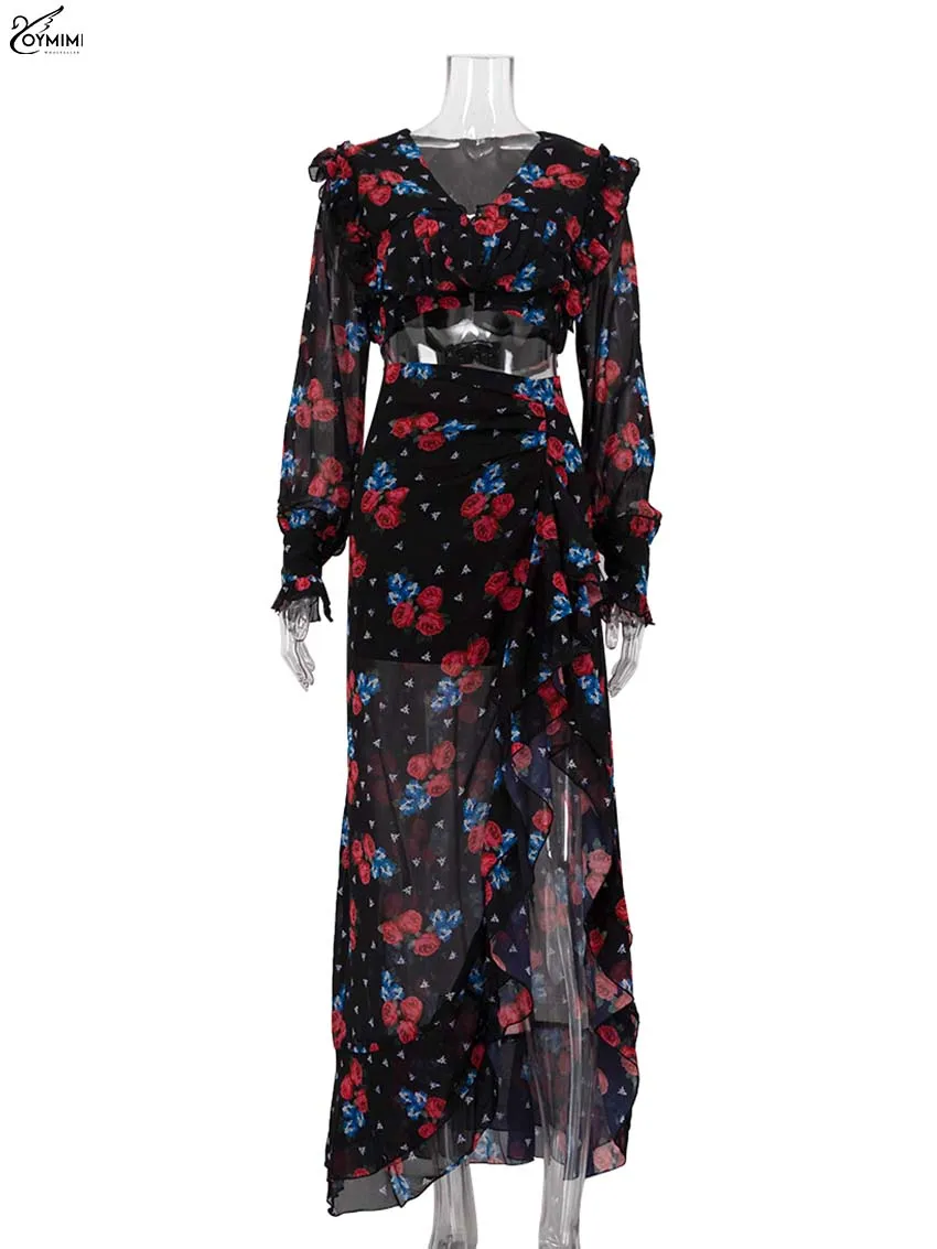 Oymimi Elegant Black Print Two Piece Set For Women Fashion Ruffled Long Sleeve Crop Shirts And Side Slit Floor-Length Skirts Set