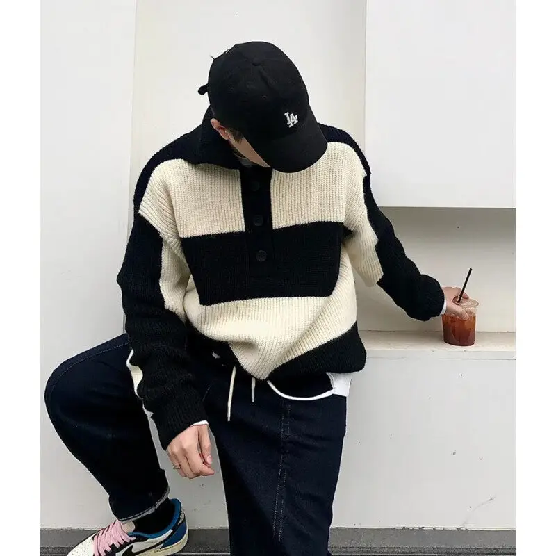 Winter Striped Sweater Men Warm Lapel Knitted Pullover Men Streetwear Korean Loose Long Sleeved Sweater Mens Jumper Clothes