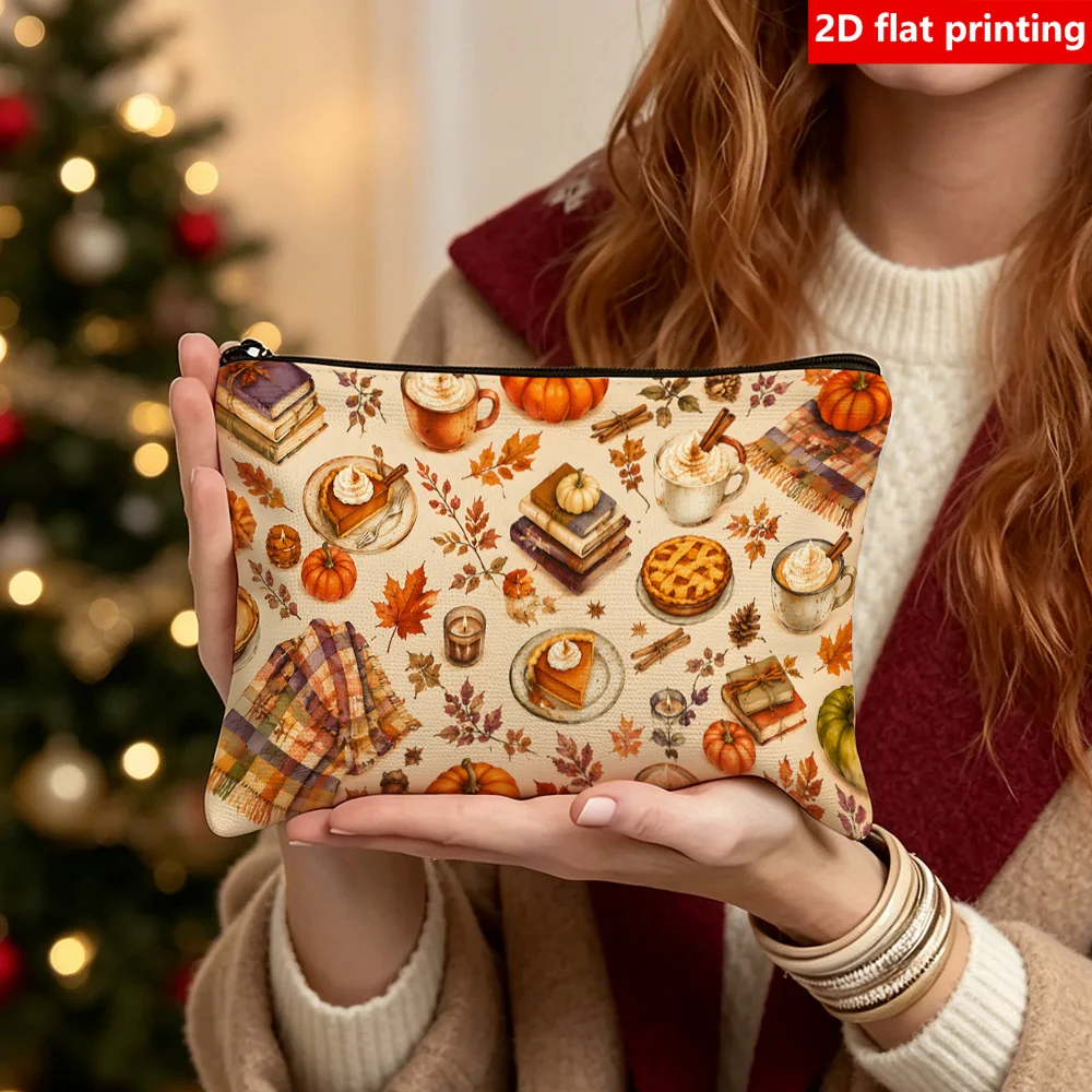 Autumn Fall Pumpkin Coffee Maple Leaf Cosmetic Bag Thanksgiving Pie Plaid Print Zipper Pouch Women Travel Makeup Storage Purse
