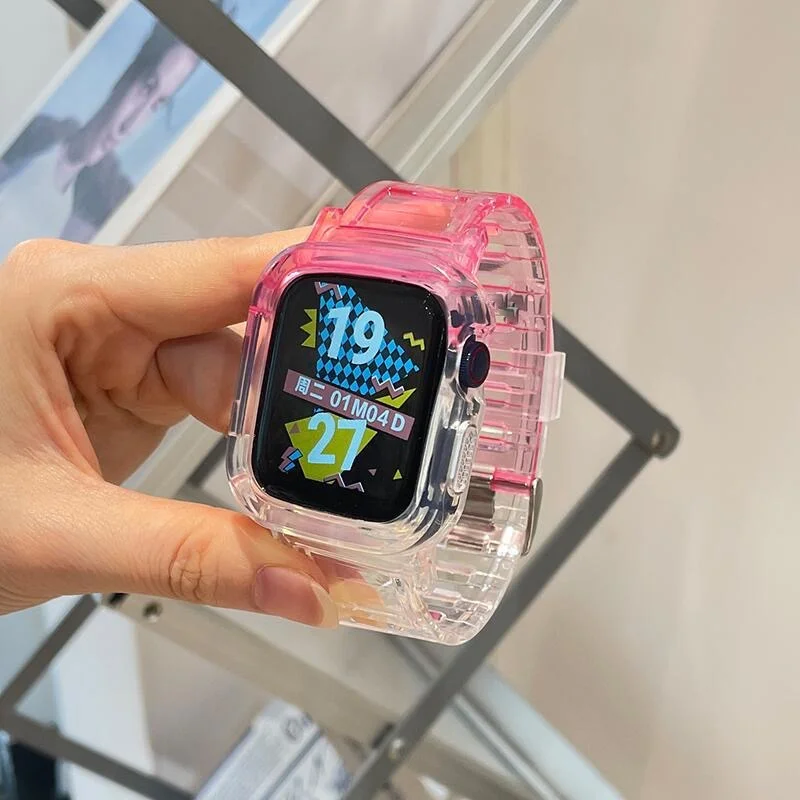 แถบบล็อกสีน่ารัก + เคสเหมาะสำหรับนาฬิกา Apple ซีรี่ส์8 7 6 SE 5 45มม. 44มม. 42มม. 41มม. โปร่งใสสำหรับ iWatch 3 38มม. 40มม.