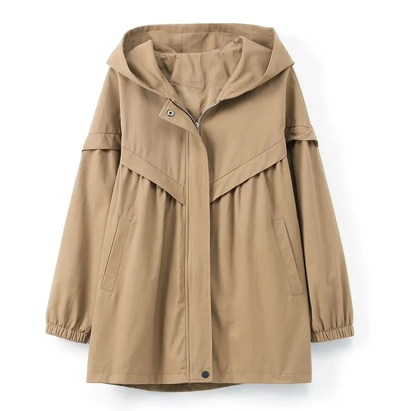 Femmes printemps automne à capuche Trench manteau mode poche ample veste coréenne bureau dame mi-longue vêtements d'extérieur décontractés coupe-vent