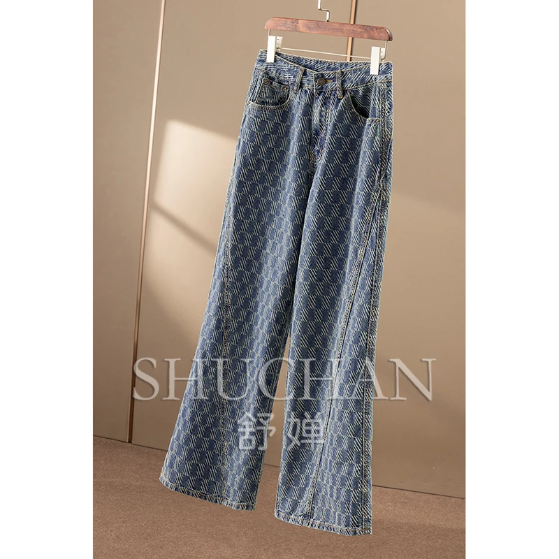 Early Autumn Ndustry Rhombus Jacquard High Waist Straight Pull Jeans Women's 83A1  Blue Jeans for Women